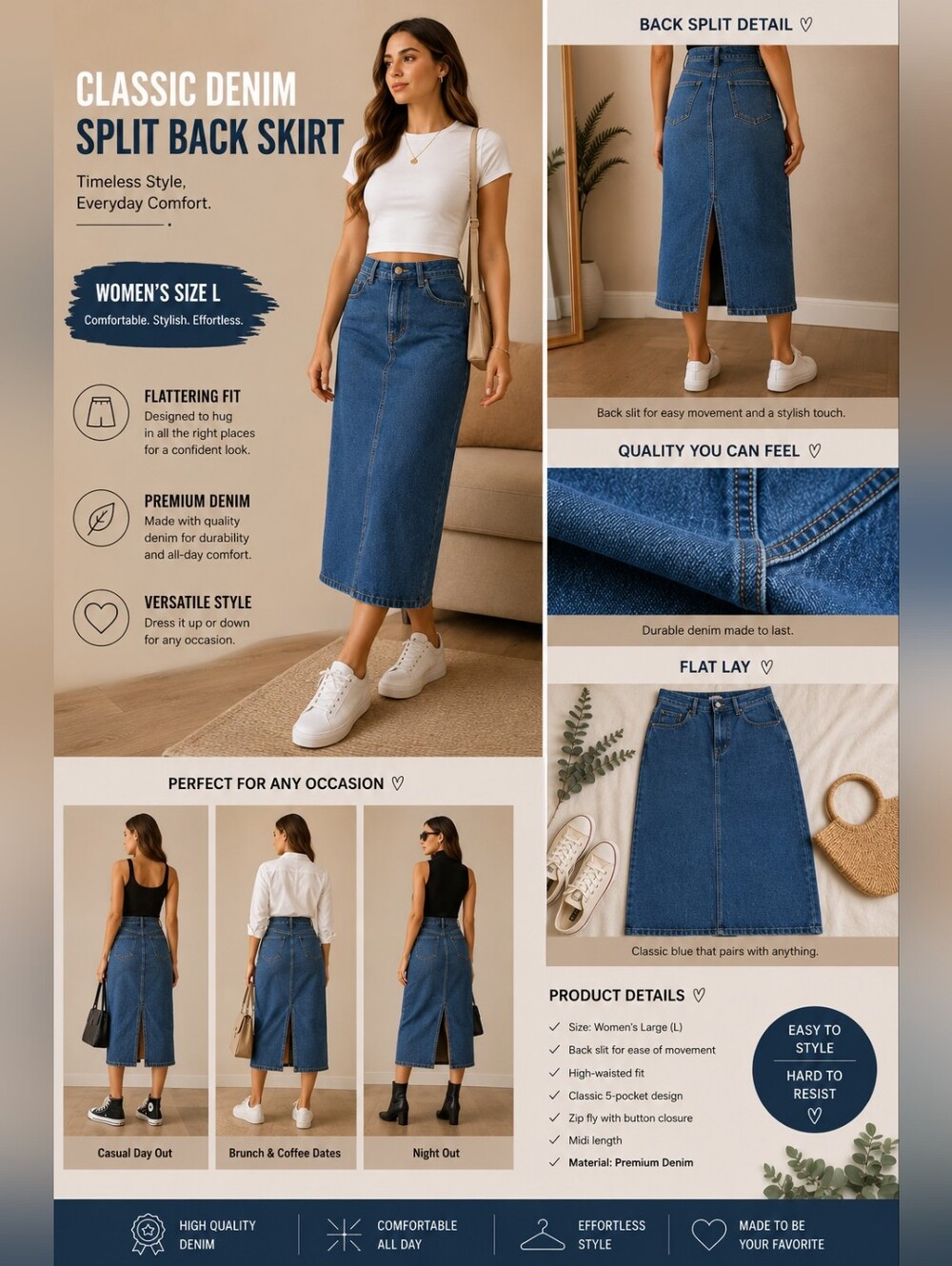 Women's Blue Denim Midi Skirt - Classic A-Line Style